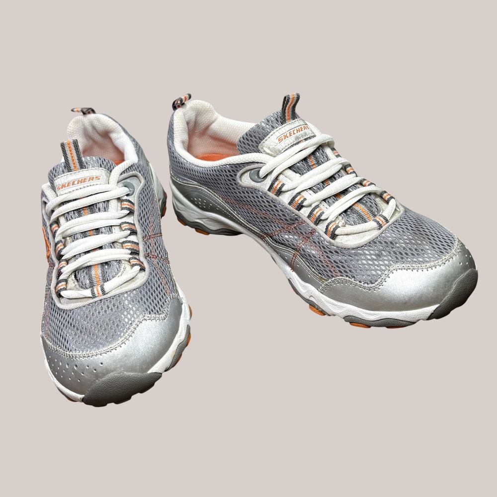 Skechers Women's 7.5 Gray Orange Lightweight Athletic Walking Sneakers 11826